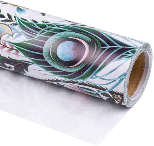 RUSPEPA Geschenkpapierrolle – Mini-Rolle – Pfauenfeder-Design, ideal für Geburtstag, Party und Babyparty – 43,2 cm x 10 m