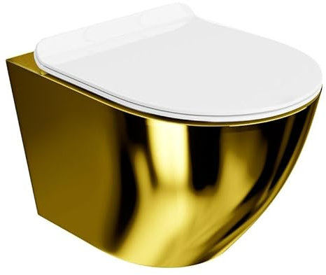 LAVITA Wand-WC Sofi Slim Gold/White Hänge Toilette WC Sitz Toilettendeckel mit Absenkautomatik & Metallscharniere Toiletten Spülrandlos Hängend Toilettenbecken 365x490x395 mm Weiß/Gold