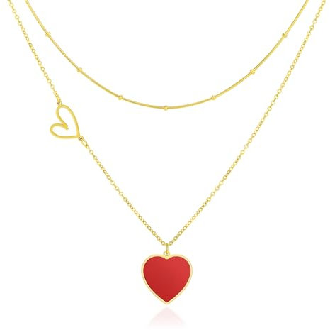 Linawe Gold Layered Necklaces for Women, Red Heart Pendant Choker Necklace, Stainless Steel Stacked Necklace, Y2K Preppy Necklace Double Heart Chain Necklace, Cute Heart Jewellery