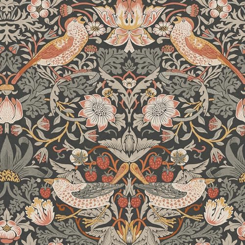 WILLIAM MORRIS AT HOME Strawberry Thief Charcoal Wallpaper | Paste The Wall | Grey Bird | Eco-Friendly