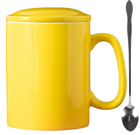 GANBEITEE Extra Large Coffee Mug 33 oz, Ceramic Porcelain Oversized Coffee Cup with Handle, Big Mugs with Lid and Spoon for Tea Latte Cappuccino (Yellow)