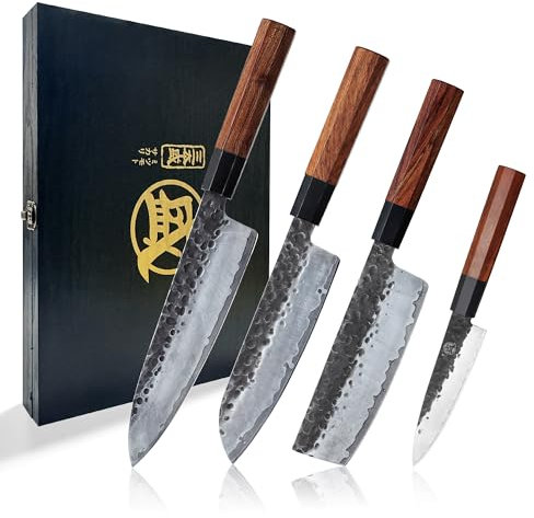 MITSUMOTO SAKARI 4 Pcs Set Cuchillos Japoneses, Cuchillos Cocina Profesionales Forjados a Mano, Juego de Cuchillos de Cocina de Alto Carbono (Mango de Palo de Rosa y Caja de Regalo)