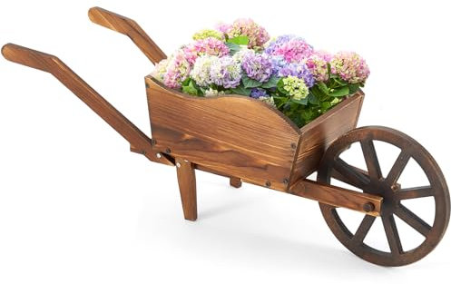 Beeveer Holz Wagon Pflanzkasten Garten Pflanzkasten mit Wagen Rädern Blumenwagen für Terrasse Garten Balkon Deko Terrasse Pflanzgefäß Blumen Kräuter Gemüse für Indoor Outdoor Dekor Braun (Rustik)