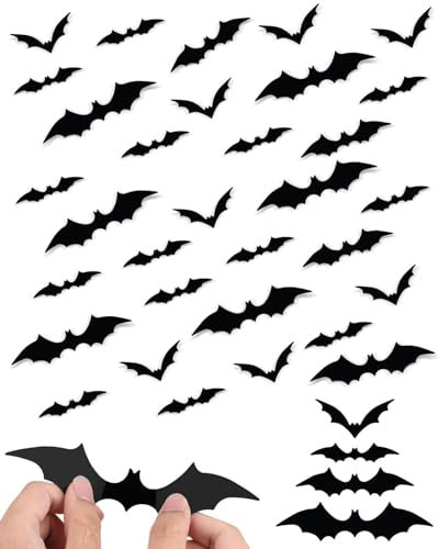 Zeayebsr 120 unidades de decoración de murciélagos 3D de Halloween tamaños diferentes PVC impermeable murciélago negro espeluznante desmontable DIY Halloween decoración set para ventana decoración