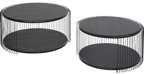 Kare Design Couchtisch Wire Double Wood 2er Set, Schwarz, 63cm Durchmesser,Wohnzimmertisch, Stahlgestell, Tischplatte aus Holz, Wohnzimmer, Rund, 34x70x70 cm (H/B/T)