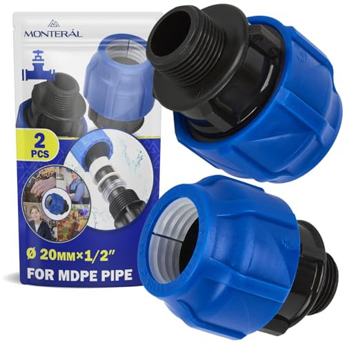 2 Piezas Racor Manguito Ø 20 mm x 1/2″ con Rosca Macho de Polipropileno PP para Conectar Tubo Polietileno PE - MONTERAL