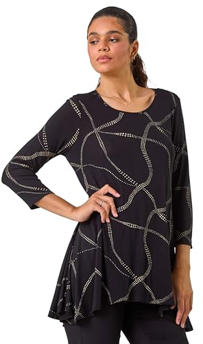 Roman Originals Hanky Hem Tunic Top for Women UK - Ladies Longline Blouse Asymmetric Hemline Casual Slouch Loose 3/4 Sleeves Round Neck Relaxed Comfortable Holiday - Tan - Size 12
