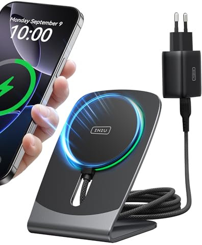 INIU Chargeur Induction iPhone, Chargeur sans Fil Magnétique 15W Certifié Qi2 Rapide Compatible avec Mag-Safe pour iPhone 16 Pro Max, 15 Plus, 14, 13 et 12