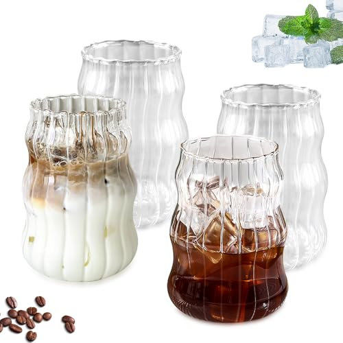 KYYGKY 4 Stück Kaffee Gläser Latte Gläser Cappuccino Tassen Kaffeeglas Set 530ml Eiskaffee-Tassen Gerippt Iced Coffee Glas Retro-Trinkgläser Trinkglas Origami-Stil Gläser für Latte Tee Eis Milch Bier