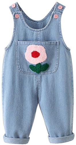 AOOPOO Salopette Bambina in Denim Bimba Tuta Pantaloni con Bottoni Bretelle Comodo Cotone Pagliaccetto Senza Maniche con Fiori Ricamati Tasche, Taglia 9 Mesi - 5 Anni