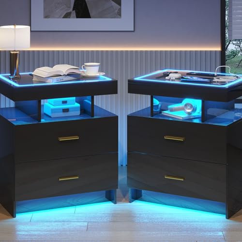 Gurexl Set of 2 LED Bedside Table with Wireless Charging Station, Glass Top Bedroom Smart Nightstand with Smart Night Stand with 2 Drawers Modern Bedside Table for Bedroom, Living Room(Black)