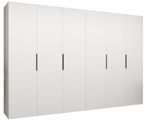 MEBLE KRYSPOL - Kleiderschrank - Drehtürenschrank - Schrank 300x202x52cm - Moderner Garderobenschrank Schlafzimmer, Flur, Jugendzimmer - Farbe Weiß, Griff Schwarz - Marbella 1 300