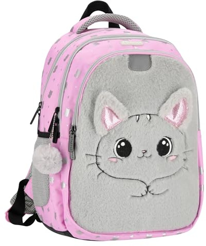 Rosa Katzen-Schulrucksack mit Reflektoren, 3 Fächer, 23 l (Rosa Kätzchen)