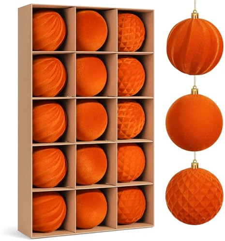 Miaikoe 15 Pcs Velvet Christmas Balls Hanging Ornaments Set, Pre-tied Shatterproof Plastic Flocked Christmas Balls Xmas Decorations Festival Holiday Party Decor (Orange,8CM)
