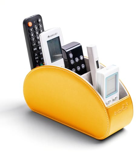 BONNY DODO Remote Control Holders Organizer Box with 5 Compartment PU Leather Multi-functional Office Desk Storage Caddy Store Tv Remote for Media Player,Brush,Pencil,Glassees&Office Supplies (GOld)