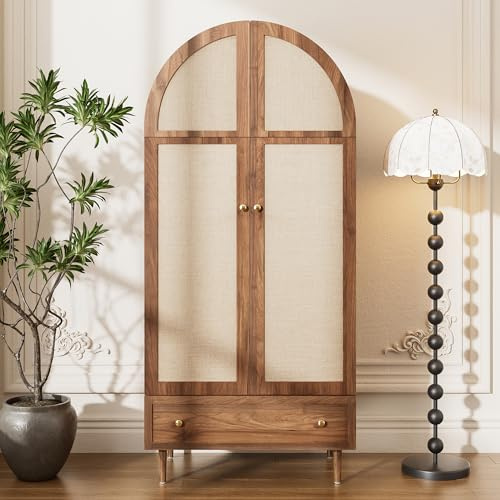 BENMWS Armario, puertas de tela, cajón, armario, aspecto de nogal, patas de madera estables, práctico espacio de almacenamiento para ropa, accesorios, para dormitorio, invitados o vestidor