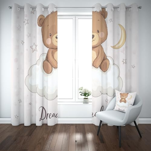 Kioldoq Cartoon Tier Vorhang Mit Ösen, Niedlich Bär Gardinen Wohnzimmer, Wolken Mond Vorhänge Blickdicht 2er Set, Thermovorhang Kälteschutz 145x140 cm, Schallschutz Vorhäng Schlafzimmer