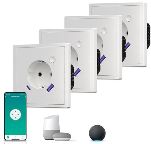BSEED Wlan Steckdose mit USB C Matt, 20W Schnelladen Smart Steckdose Unterputz, mit Strommessung, S-Serie, 1 Fach, 86mm Weiß 4 Pack