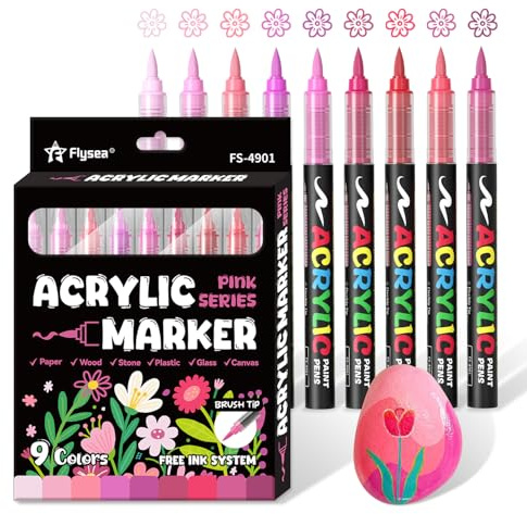 Alitastro 9 Pink Series Paint Pens Waterproof Brush Tip Acrylic Markers | Quick Dry, Fade Resistant, Water Based Marker Pens for Rock Painting, Wood, Ceramic, Acrylic Paint Markers for Egg Pumpkin