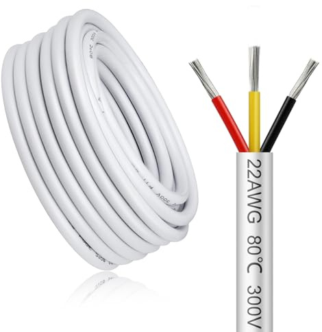 LightingWill 16.4FT/5M 22AWG 3x0.3mm² Electrical Wire 3 Core Cable, White 22 Gauge 5V/12V/24V/240V/300V Low Voltage Flexible Extension Cable, Tinned Copper Wires, High Temperature Resistant