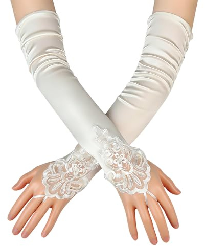 Bvxchg Lange Spitze Opernhandschuhe Damen, 1920 Lange Elastischer Handschuhe, Fingerlose Retro Satin Handschuhe, Spitze Handschuhe für Hochzeit, Party (Weiß)