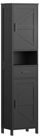 Modern Farmhouse Tall Storage Cabinet with 2 Doors & 1 Drawer | Adjustable Shelves | Freestanding Pantry & Organizer for Bathroom, Kitchen, Living Room (Black)