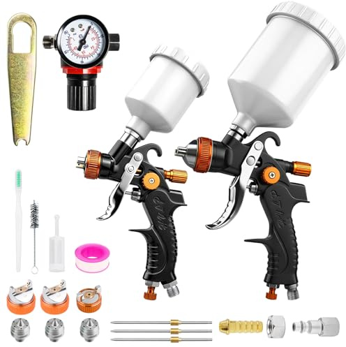 2 HVLP Pistolets de Peinture à Air Pistolets Automatiques de 1,0 mm Et 1,4/1,7 mm avec RéGulateur d'air, Pistolets de Peinture Automobile de Qualité Professionnelle pour La Peinture de Voiture