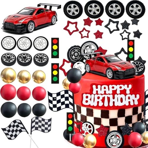 SunAurora Rennwagen Kuchendekoration Auto Tortendeko Rote Rennwagen Cake Topper Reifen Zielflagge Cupcake Topper für Rennthema Geburtstagsparty Gastgeschenke
