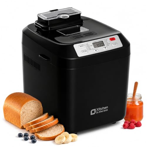 Kitchen in the box Brotbackautomat mit 12-in-1 Programmen, 2 Brotgrößen, 900g, Brotbackmaschine mit 13h Timer, Zutatenspender & Antihaft-Backform, Schwarz