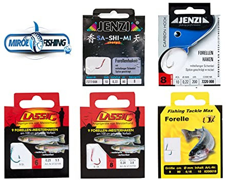 MiRoeFishing Angelhaken mit Vorfach Set 48St. Für Forellen besonders scharfe Fischhaken in verschiedenen Größen und Längen.