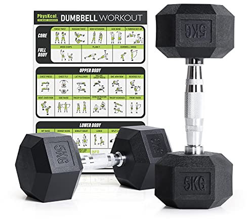 PhysKcal Hex Dumbbells Set 5kg Pair, Odourless Poly Rubber Encased Dumbbells 2.5KG 5KG 7.5KG 10KG 12.5KG 15KG 20KG Pair or Single Home Gym Weights Set, 2.5KG Pair