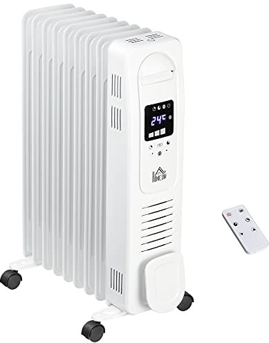 HOMCOM 2000W Digital Oil Filled Radiator, 9 Fin, Portable Electric Heater with LED Display, Timer, 3 Heat Settings, Safety Cut-Off and Remote Control, White