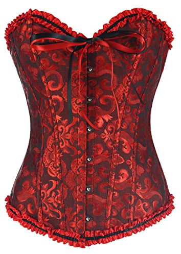 Damen Spitze Überbrust Korsett sexy Damen Corsage Vintage Gothic Bustiers KorsettsVollbrust mit Stahlstäbchen Bridal Wäsche Gothic Korsage Top Satin Bustier mit G-String S-3XL (Weinrot, L-XL)