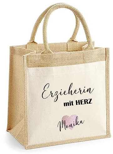 minimutz Geschenk Dankeschön Erzieherin mit Herz, Personalisiert mit Name, Tasche Baumwolle mit Name, Kleine Geschenktasche Abschied Kita Kindergarten Abschiedsgeschenk M (30x30x19 cm)
