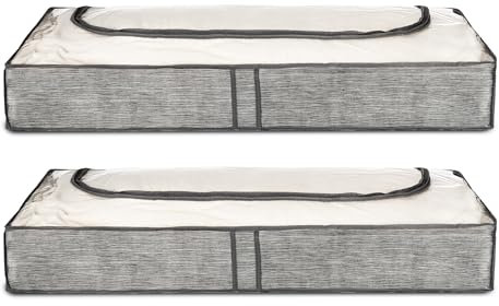Fineway Underbed Storage Bags - 2 Pack - Large, Durable, Linen Printed Design, Transparent Top, PVC Window, Ideal for Clothes, Duvets, Blankets, Quilts (100x45x15cm)