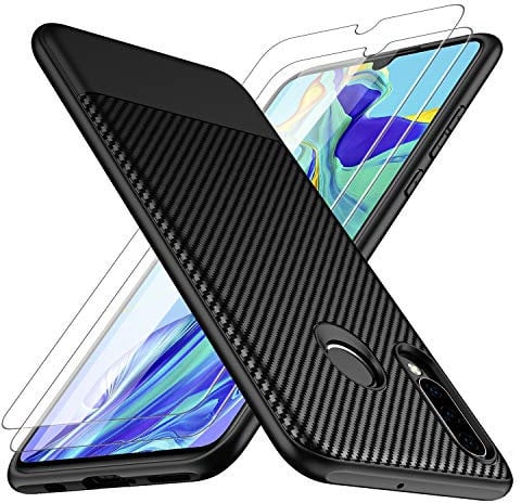 Losvick Custodia Huawei P30 Lite / XL New Edition Con Vetro Temperato 2X, Morbido Silicone Sottile, Antiurto, Antigraffio, Fibra Di Carbonio