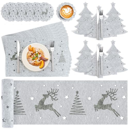 WIAZZLUK Weihnachtstischdecke, Tischläufer Weihnachts, 19 Stück Weihnachtsläufer Set, Weihnachtstischläufer Platzset Weihnachten, Tischset Platzsets Platzdeckchen Bestecktasche Weihnachten -Grau