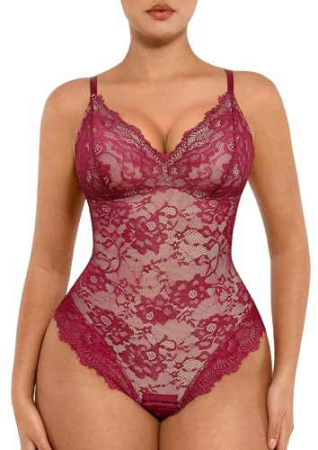 FeelinGirl Colombianas Lace Bodysuit for Women Tummy Control Shapewear V Neck Backless Tank Tops One Piece Body Shaper Thongs Red 3XL