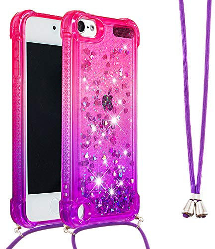 SIYOPINPFY Handykette Hülle für iPod Touch 5 / iPod Touch 7 mit Band, Quicksand Glitzer Flüssigkeit HandyHülle mit Kordel Kette, Silikon Treibsand Stoßfest Hülle für iPod Touch 5/6 Rosa lila YBG