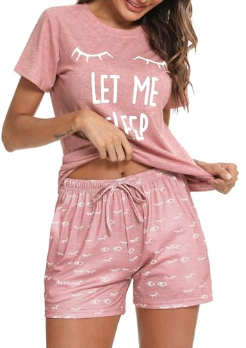 Uniexcosm Schlafanzug Damen Kurz Baumwolle Zweiteiliger | Pyjama Set Kurzarm Nachtwäsche Wimperndruck Sleepwear Hausanzug Loungewear