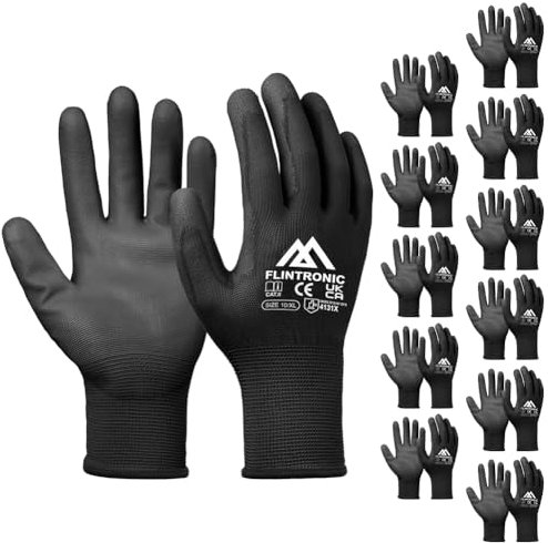 flintronic Gants de Travail 12 Paires, Gants en Nylon résistant à l'abrasion, Revêtement en PU, Polyvalent Gants de Jardinage, Pour Mecanique Industrielle Logistique Assemblage - Noir Taille 10/XL