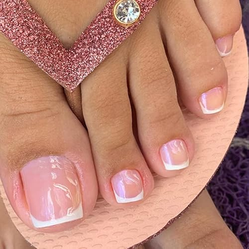 24Pcs French Tip Press on Toenails for Women, Nude Pink Fake Toe Nails Short Square with Glue & File, Full Cover Stick on Toenails for Pedicure, DIY Nail Art Decorations