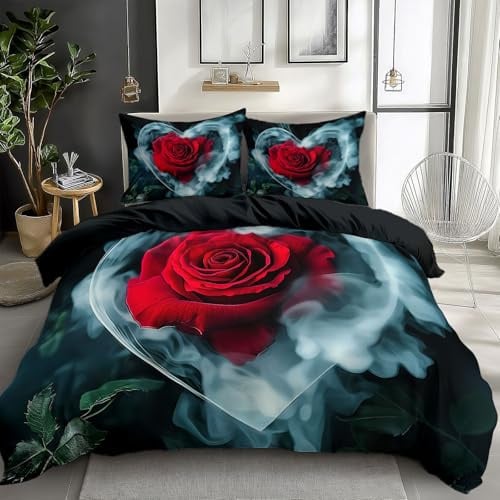 Generisch Schwarz Bettwäsche 180x200 cm Liebe Rose 3D Bedruckte Bettbezug Einfache Pflege 3-Teiliges Bettwäsche Set Polyester Baumwolle mit Reißverschluss und 2 Kissenbezug