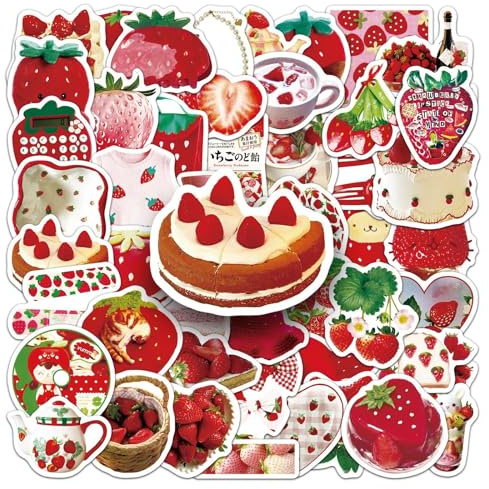 Erdbeeren Aufkleber 50 Stück Vinyl Lustige Niedliche Obst Sticker für Wasserflaschen Skateboard Laptop Gepäck Scrapbook Fahrrad Auto,Wasserdicht Kawaii Strawberry Aufkleber für Mädchen Teenager