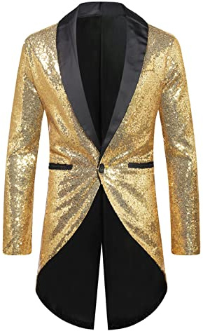 Herren Frack Pailletten, Gothic Jacke Herren Midi, Schwarz Glitzer Mantel mit Knöpft Elegant Tuxedo Mittelalter Steampunk Gehrock Viktorianische Hof Kleidung Nightclub Party Halloween Kostüm