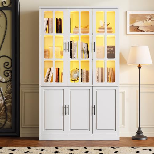 kozamas Vitrine Hochschrank 121,5 cm breit & 200 cm hoch, Glasvitrine mit LED-Beleuchtung & App-Steuerung, 6 Türen (3 Glas + 3 Holz), Standvitrine mit verstellbaren Einlegeböden