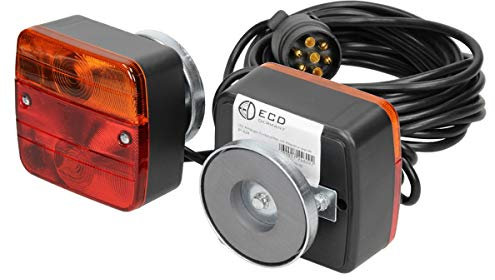 ECD Germany Halogen Anhänger Rückleuchten mit Magneten - 12V - mit E4 Prüfzeichen - verkabelt mit 7-poligem Stecker - 7,5m Kabel - 2 Glühbirnen 21W - Rücklicht Anhängerbeleuchtung Anhänger Beleuchtung