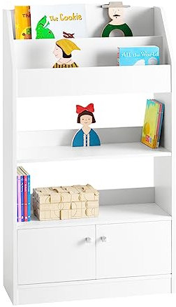SoBuy KMB11-W Bibliothèque Étagère à Livres Étagère de Rangement Jouets pour Enfants Porte-revues 2 Compartiments Livres, 2 Étagères de Rangment et 2 Portes