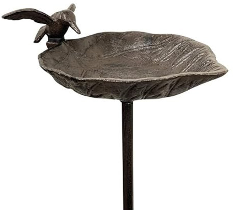 L'Héritier Du Temps Grand Tuteur Bain d'oiseaux ou Pic de Jardin Coupelle Façon Bénitier Bain à Oiseau en Fonte Patinée Marron 13x18x100cm