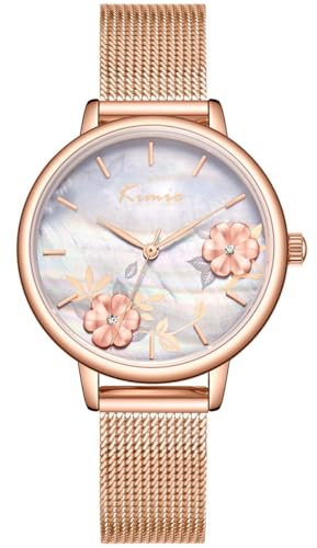 Alienwork Montre Femme Or Rose Bracelet Maille Blanc Cadran Nacre élégant